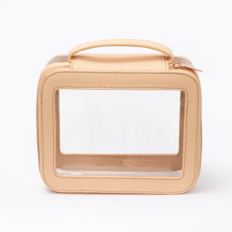 Clear pvc cosmetic bag with leather